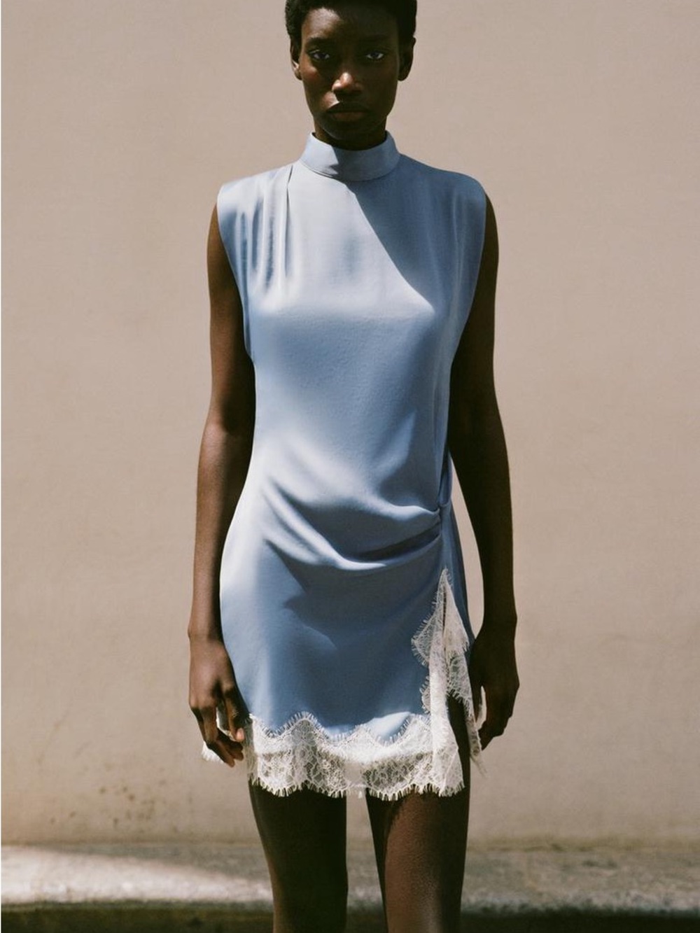 Zara Pale Blue Sleeveless Mini Dress with White Lace Hem